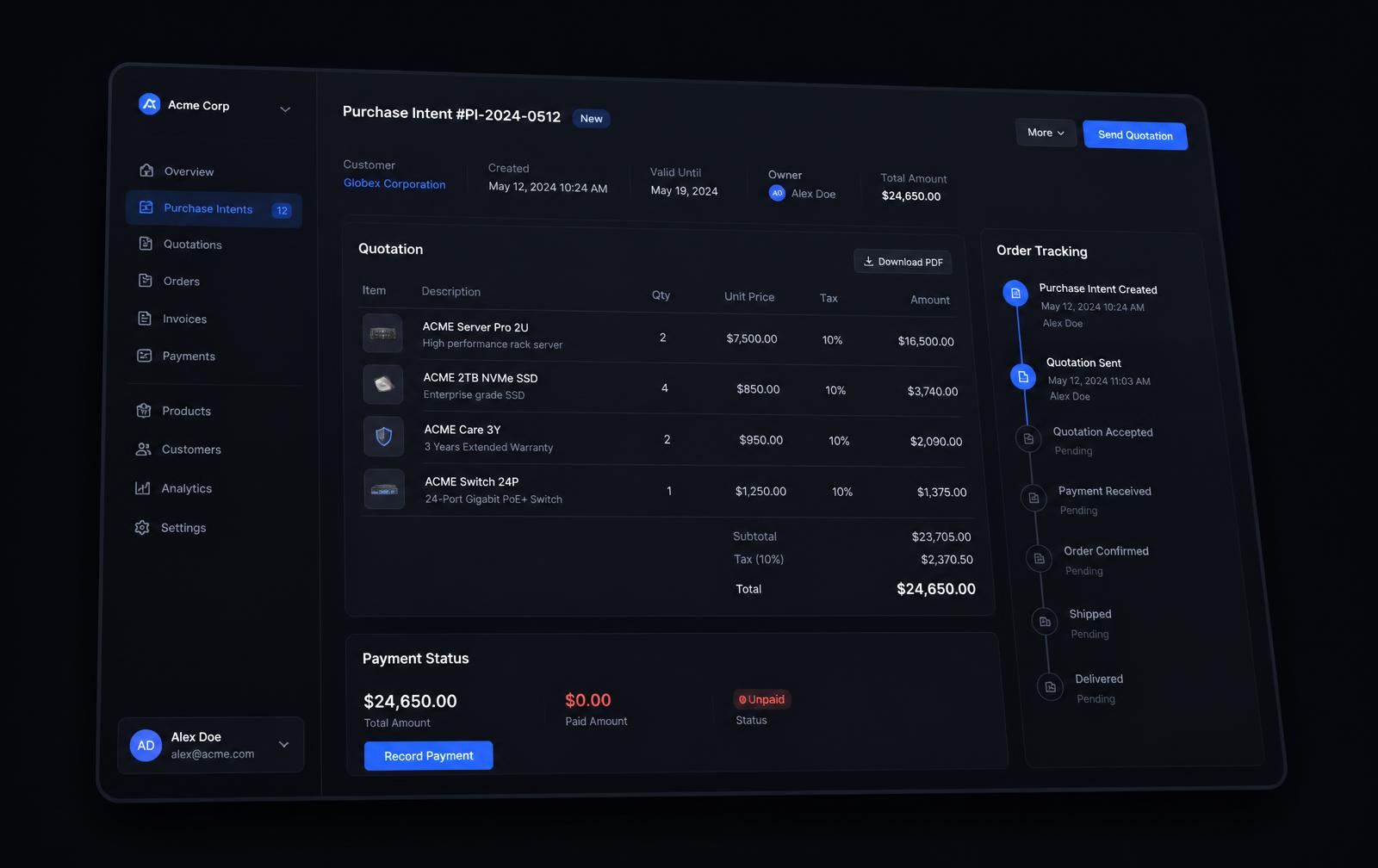 Painel da PYHUB com lista de intenção de compra, cotação, pagamento e acompanhamento do pedido
